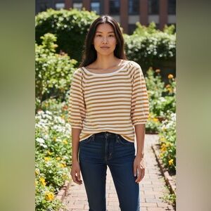 Ann Taylor Mustard Yellow & White Striped Scoop-Neck Puff Sleeve Top